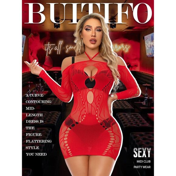 Red Black Women Sexy Halter Bodycon Mesh Midi Dress Lingerie Nightdress Outfit - Picture 4 of 6